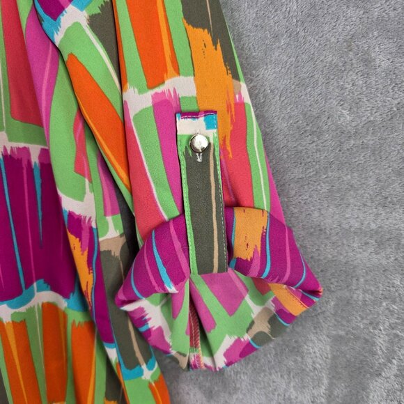Womens Cato Multicolor Abstract Print Blouse 100% Polyester Roll Tab Sleeves L - Picture 2 of 10